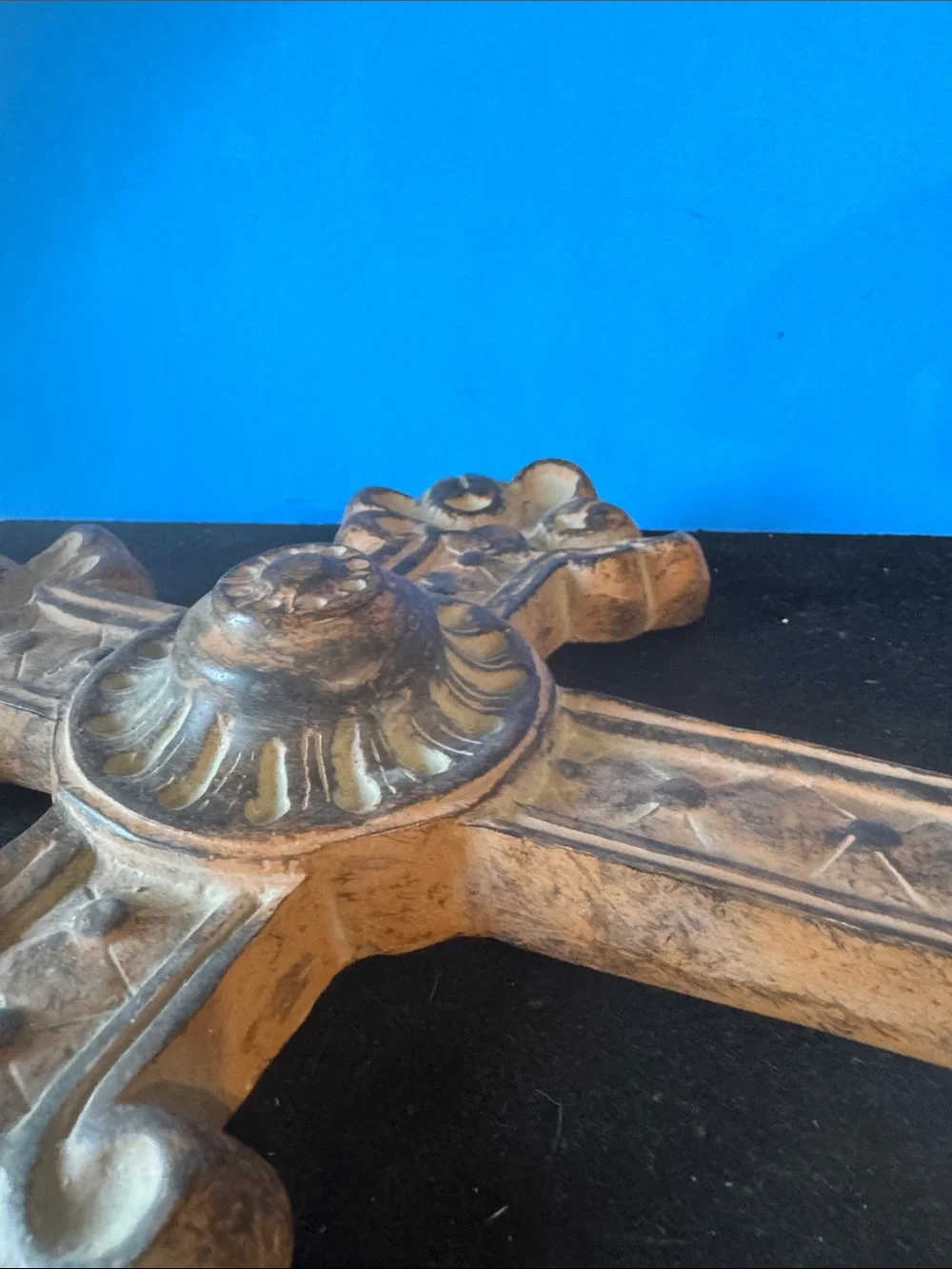 Ornate Decorative Wall Cross in Distressed Brown Finish